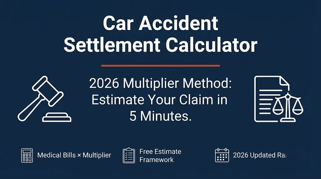 Car accident settlement calculator 2026 hero banner showing multiplier formula and document icons on navy background.