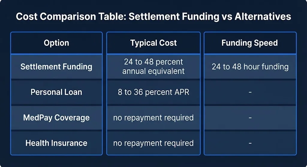 Car accident settlement funding cost comparison showing funding at 24 to 48 percent versus cheaper alternatives.