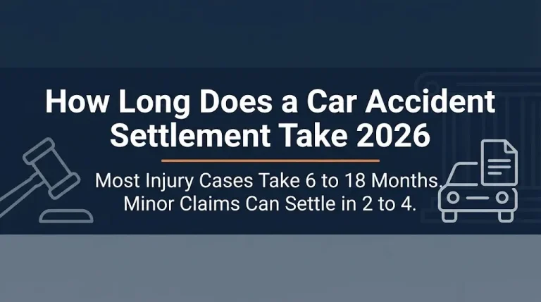 Car accident settlement timeline 2026 banner showing six to eighteen month average with gavel and car icons.