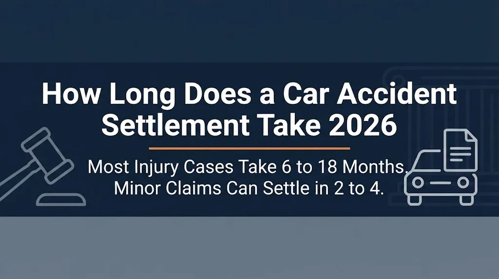 Car accident settlement timeline 2026 banner showing six to eighteen month average with gavel and car icons.