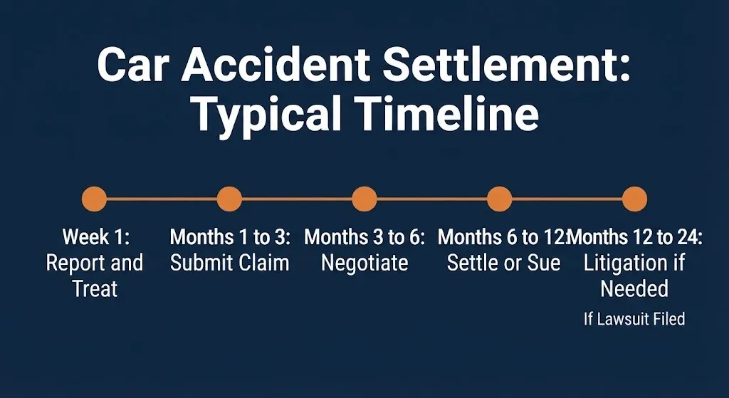 Car accident settlement timeline showing stages from reporting through negotiation to possible litigation over 24 months.