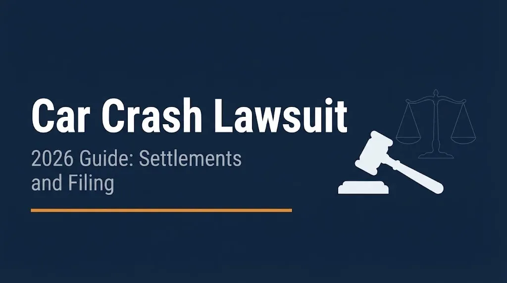 Car crash lawsuit 2026 banner showing settlements and filing guide