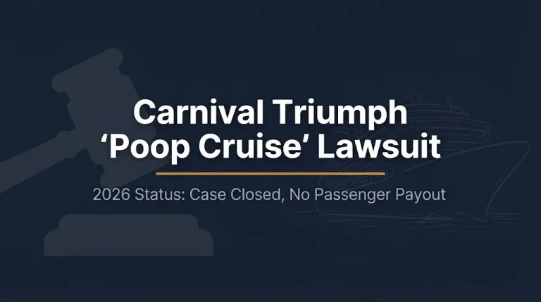 Carnival Triumph poop cruise lawsuit 2026 status graphic showing case closed with no payout.