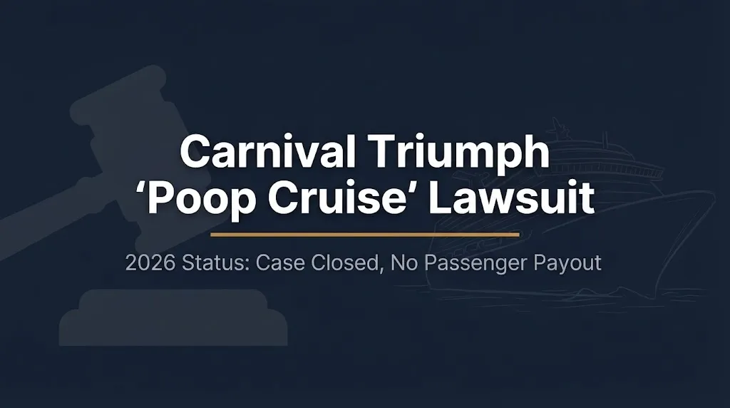 Carnival Triumph poop cruise lawsuit 2026 status graphic showing case closed with no payout.