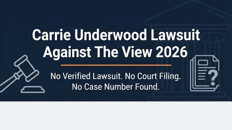Carrie Underwood lawsuit against The View 2026 banner showing no verified lawsuit with gavel and question mark icons.