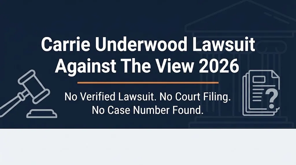 Carrie Underwood lawsuit against The View 2026 banner showing no verified lawsuit with gavel and question mark icons.