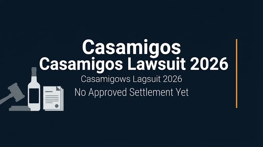 Casamigos lawsuit 2026 banner showing no approved settlement yet with legal and beverage icons.