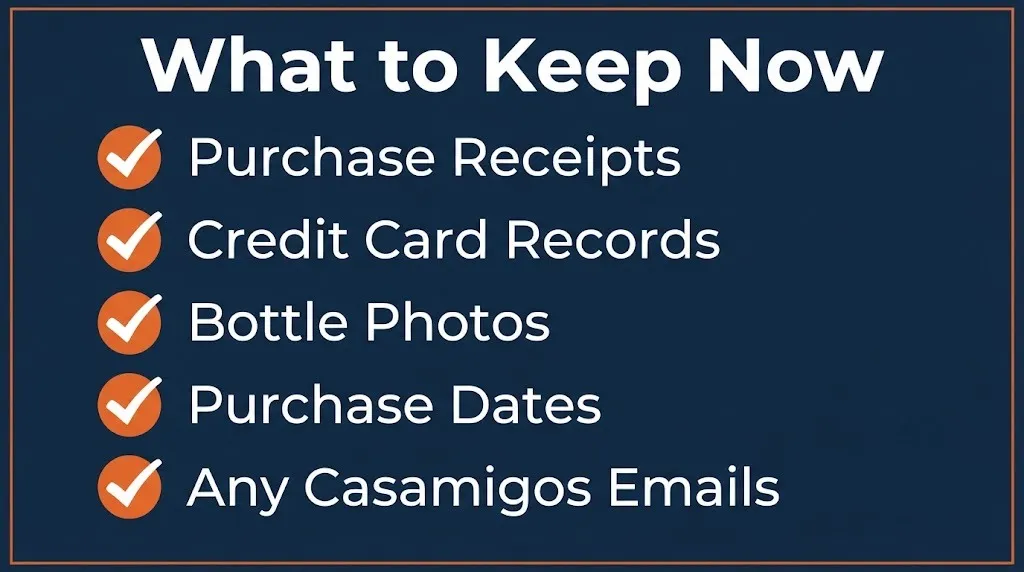 Casamigos lawsuit preparation checklist showing receipts, purchase records, and bottle photos to keep.