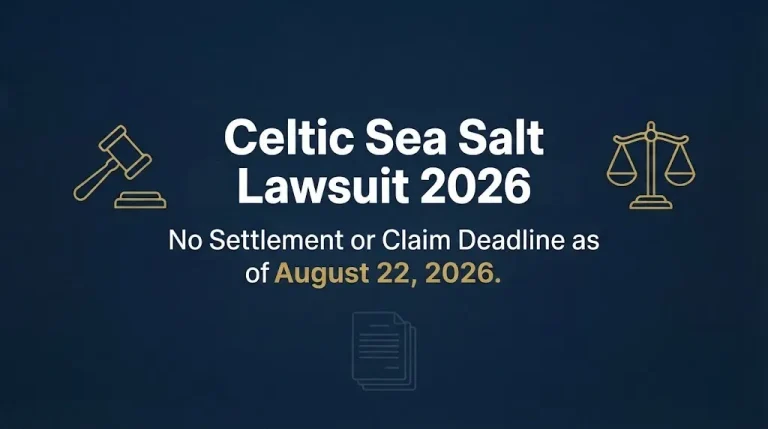 Celtic Sea Salt lawsuit 2026 status banner with legal symbols on navy background showing no settlement yet
