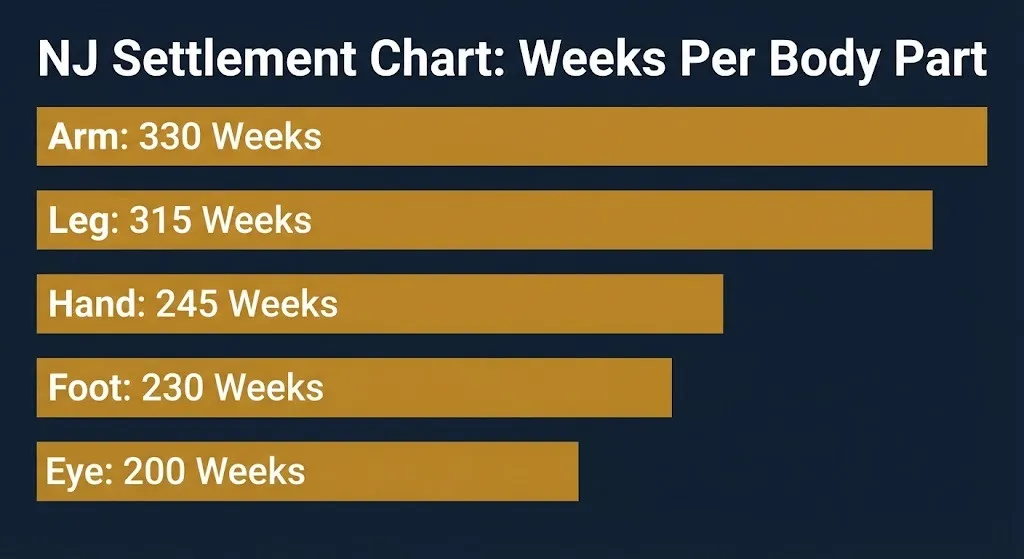 Chart showing NJ workers compensation settlement weeks by body part under the 2026 statutory schedule.