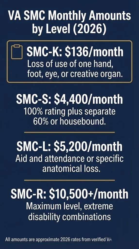 Chart showing VA Special Monthly Compensation tiers from SMC-K at $136 to SMC-R at over $10,500 monthly in 2026.