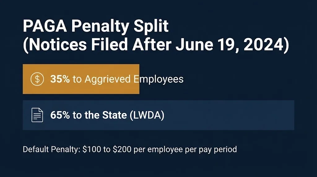 Chart showing how paga lawsuit settlement penalties split between employees and the state under 2024 reform.