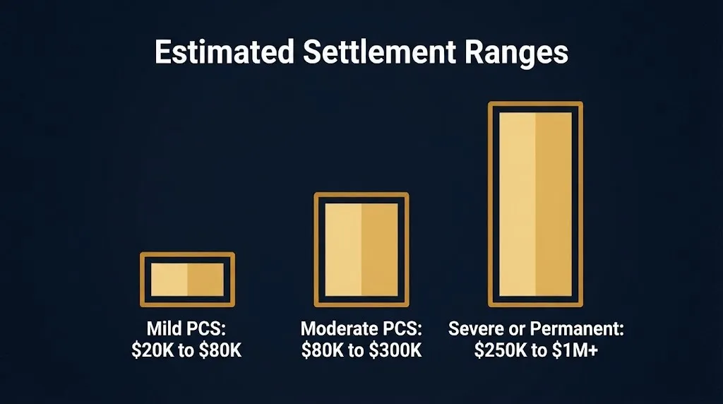 Chart showing post-concussion syndrome settlement value ranges from mild to severe cases based on 2026 data.