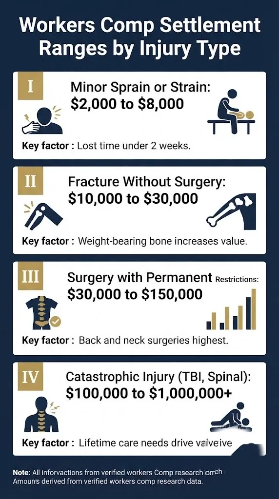 Chart showing workers comp settlement payout tiers from minor sprain to catastrophic injury with ranges and factors.