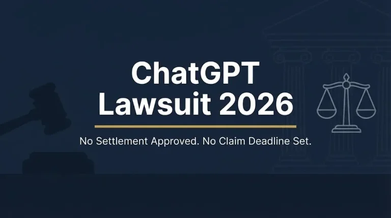 ChatGPT lawsuit 2026 banner showing no settlement approved and no claim deadline set with gavel and scales of justice icons.