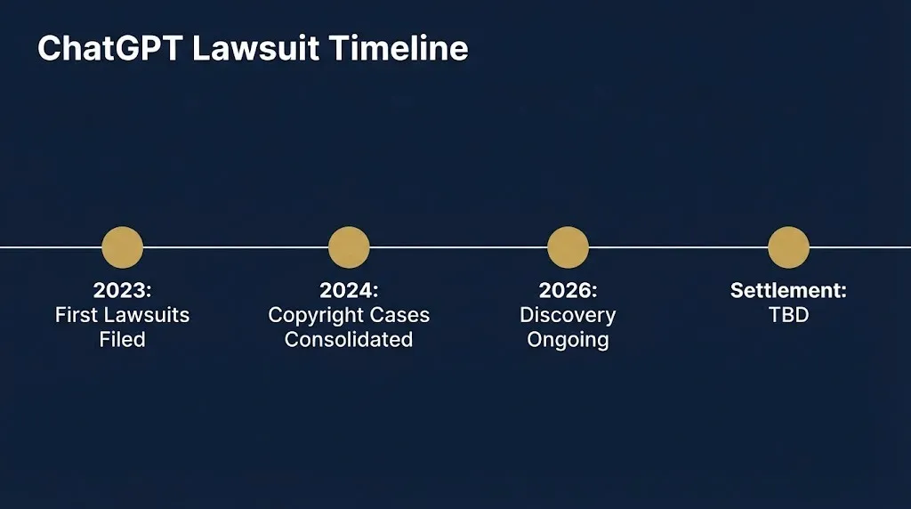 ChatGPT lawsuit timeline showing first filings in 2023, copyright consolidation in 2024, discovery ongoing in 2026.