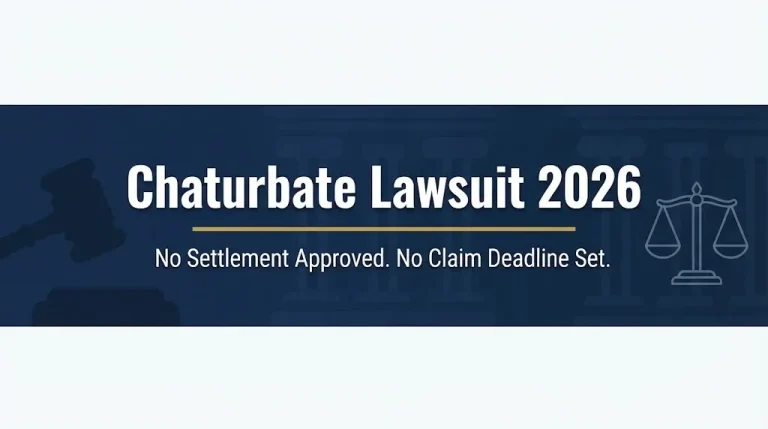 Chaturbate lawsuit 2026 banner showing no settlement approved and no claim deadline set with gavel and scales of justice icons.