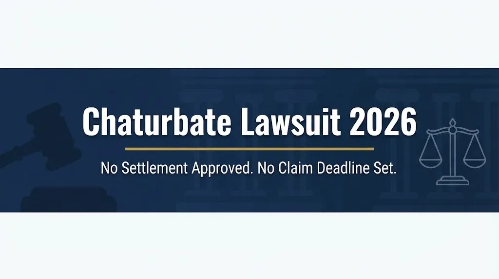 Chaturbate lawsuit 2026 banner showing no settlement approved and no claim deadline set with gavel and scales of justice icons.