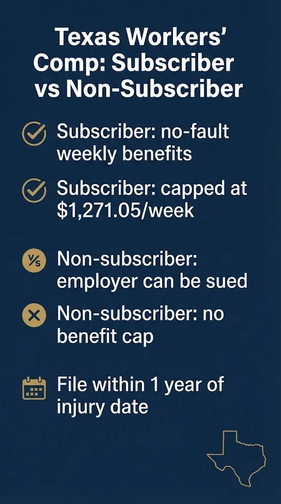 Checklist comparing subscriber and non-subscriber employers under workers compensation Texas rules for 2026.