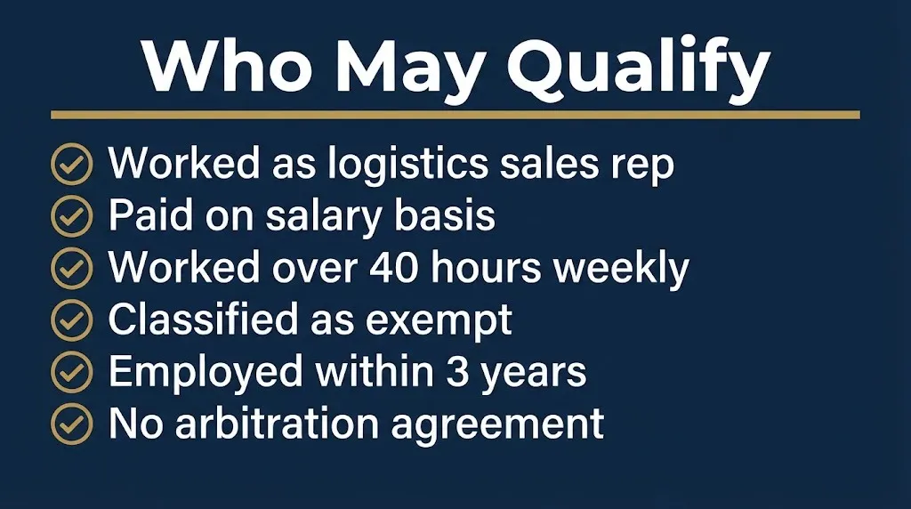 Checklist graphic showing eligibility criteria for Total Quality Logistics overtime class action.