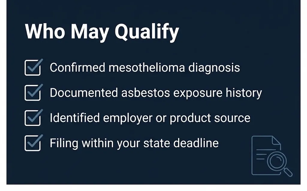 Checklist graphic showing eligibility criteria for compensation for mesothelioma claims in 2026
