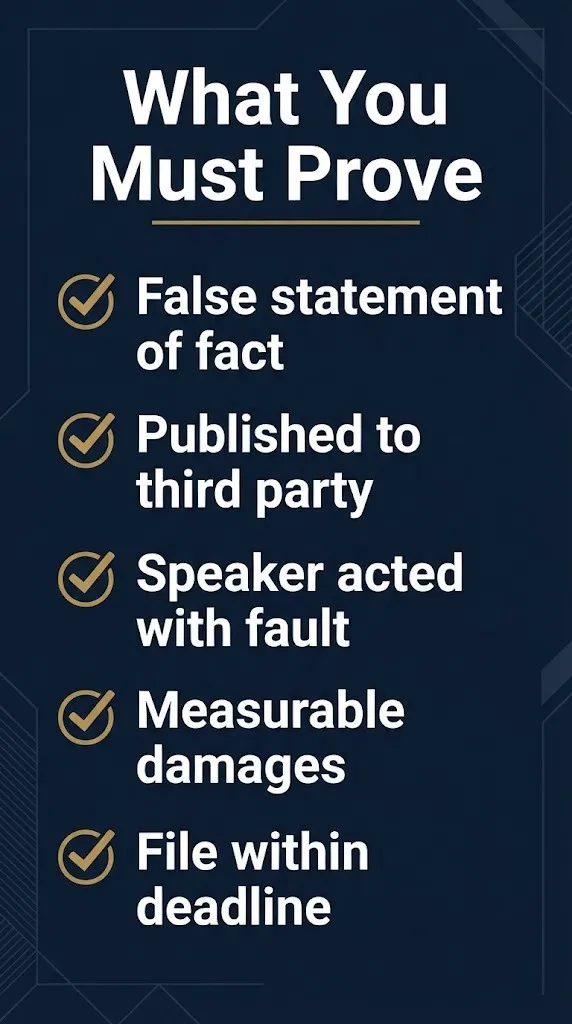 Checklist graphic showing five elements required to prove a slander or libel lawsuit.