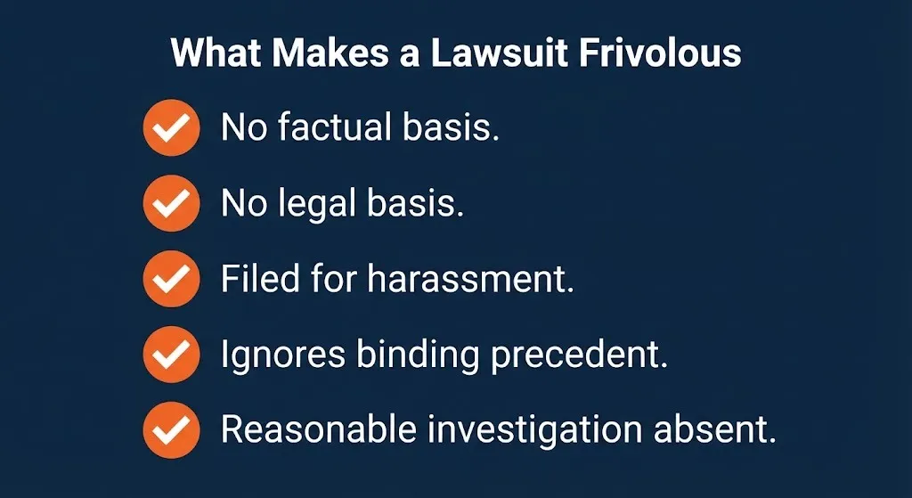 Checklist graphic showing five factors that make a lawsuit frivolous under legal standards.