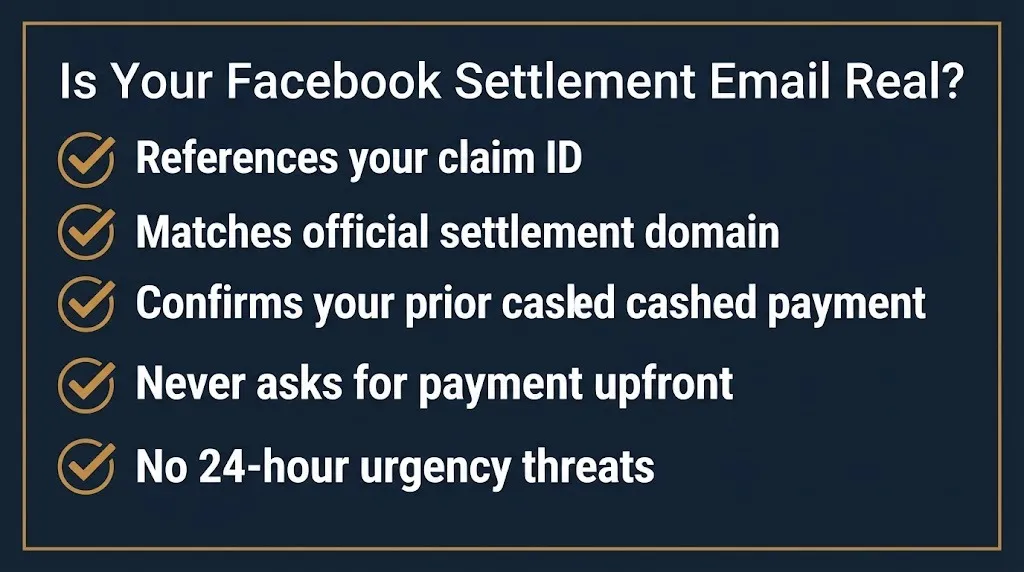 Checklist graphic showing five signs a Facebook user privacy settlement email is legitimate, not a scam.