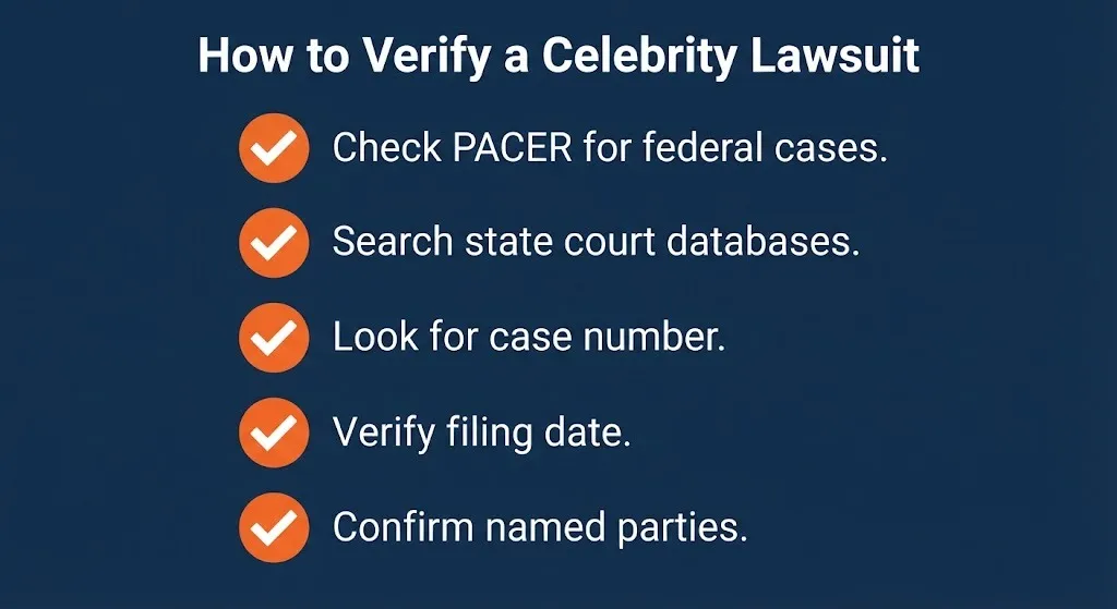 Checklist graphic showing five steps to verify celebrity lawsuit claims before believing them.
