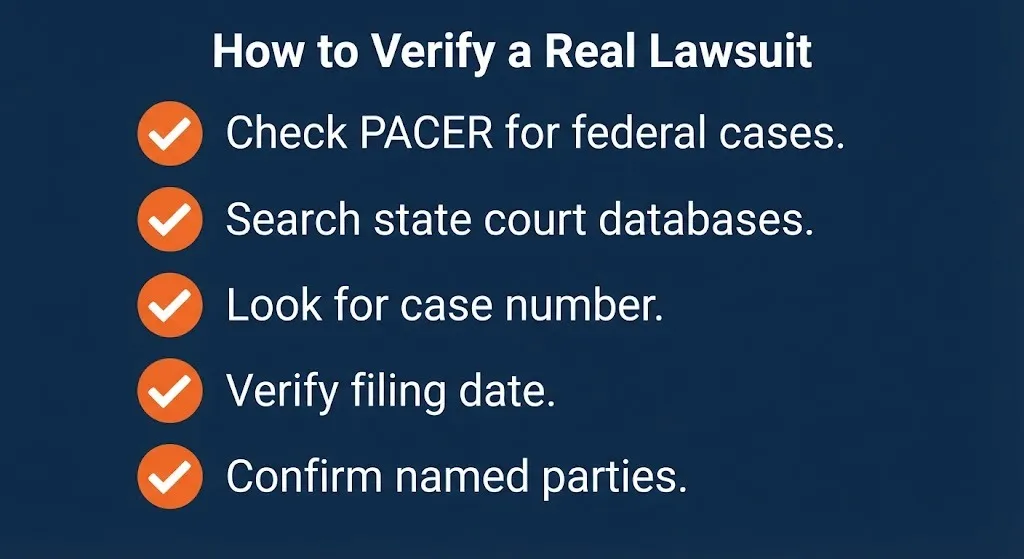 Checklist graphic showing five steps to verify real lawsuit claims before believing them.