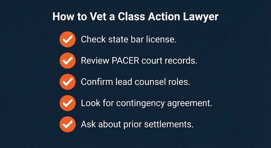 Checklist graphic showing five ways to vet class action lawsuit lawyers before hiring.