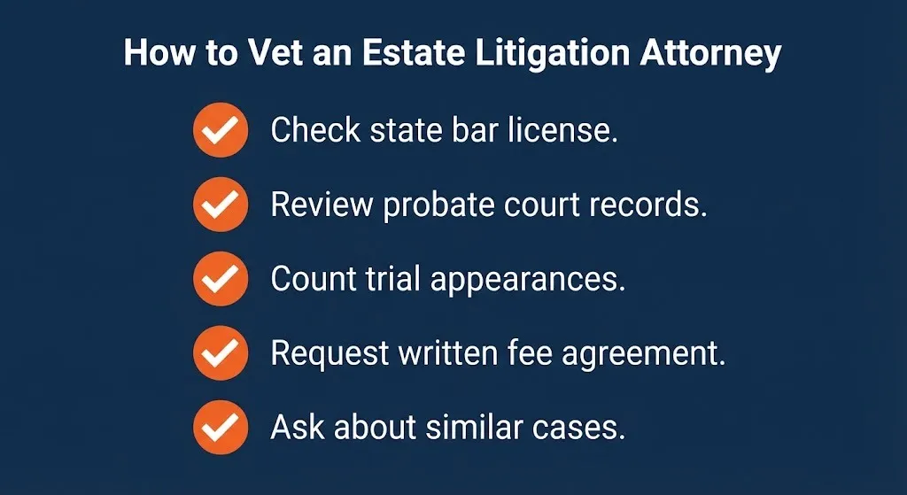 Checklist graphic showing five ways to vet estate litigation attorneys before hiring.