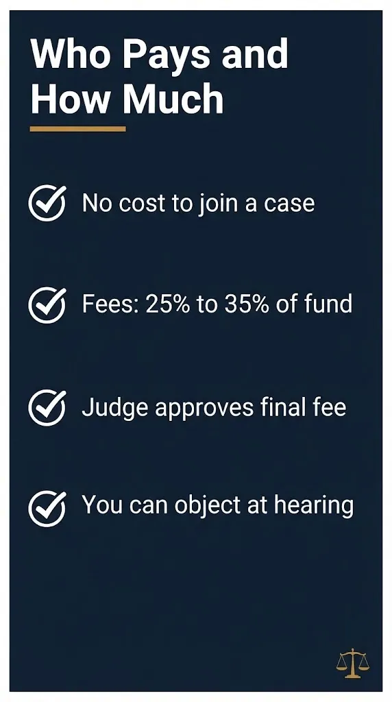 Checklist graphic showing how class action lawsuit attorney fees work and typical percentage ranges.