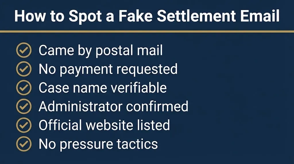 Checklist graphic showing how to identify legitimate data breach settlement notices versus scams.