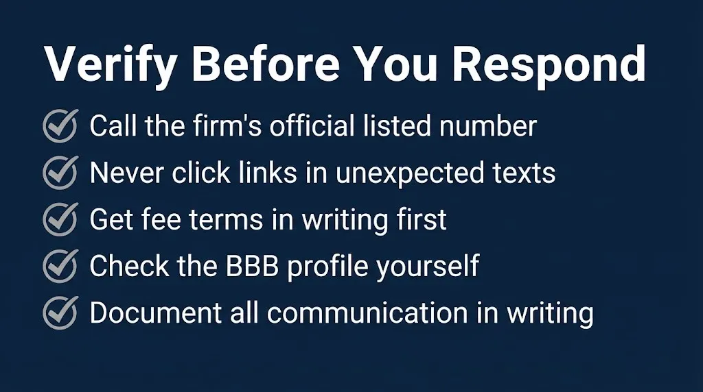 Checklist graphic showing how to verify contact from Guardian Litigation Group before sharing documents.