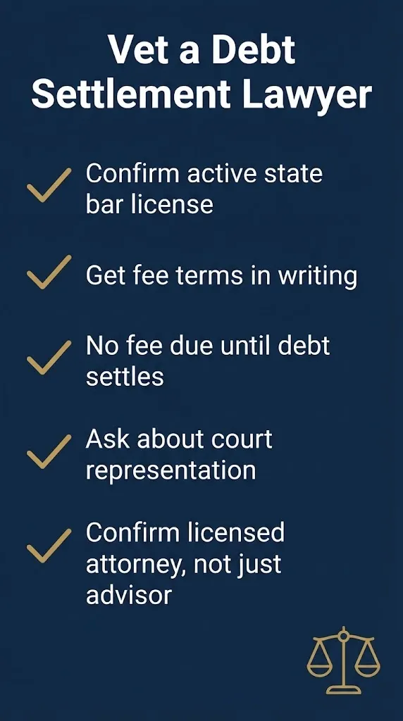 Checklist graphic showing how to vet a debt settlement lawyer before signing an agreement in 2026.