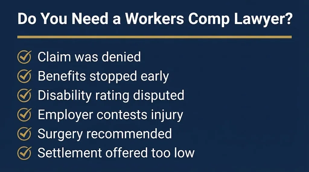 Checklist graphic showing six situations where California workers compensation lawyers may be needed.