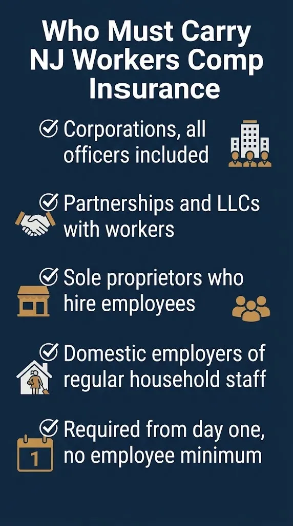 Checklist graphic showing which employers must carry New Jersey workers compensation insurance coverage.