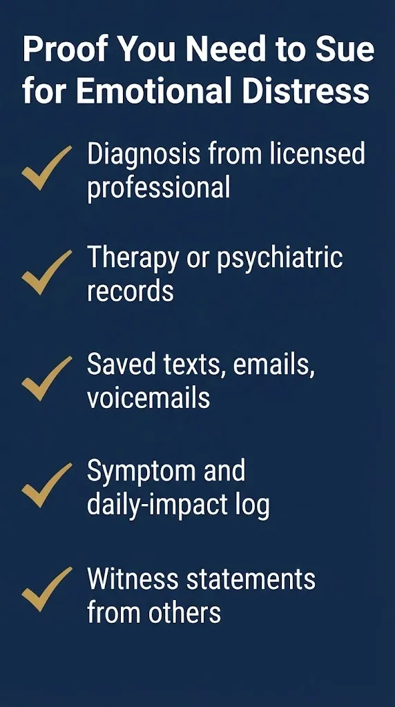 Checklist infographic showing five types of proof needed for an emotional distress lawsuit in 2026.