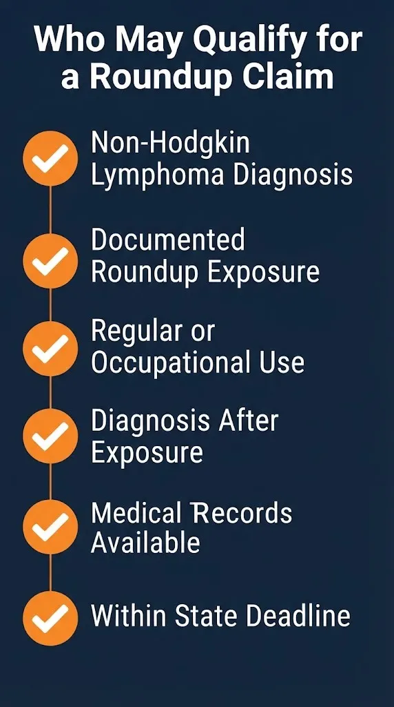 Checklist of qualifications for Monsanto Roundup lawsuit including diagnosis exposure and timely filing requirements.