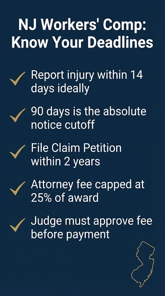Checklist showing New Jersey workers compensation filing deadlines and the 25 percent attorney fee cap for 2026.