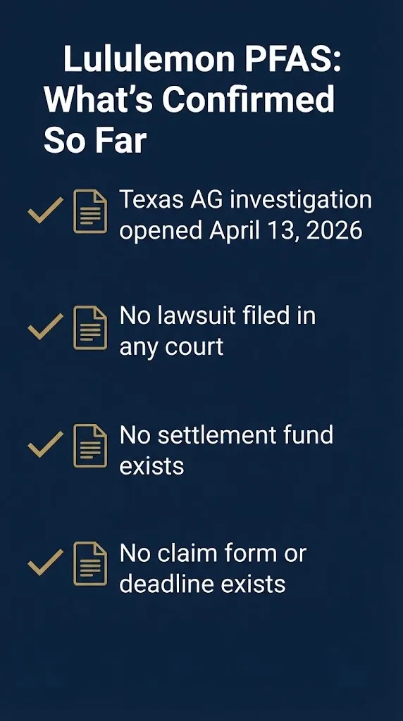 Checklist showing confirmed facts about the Lululemon PFAS lawsuit investigation status in 2026.