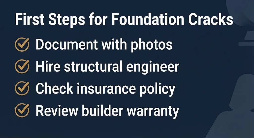 Checklist showing first steps for foundation cracks including engineer review and insurance check.