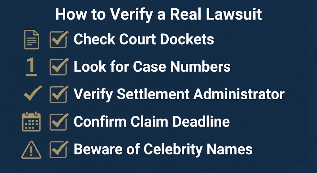 Checklist showing how to verify a real lawsuit by checking court dockets and case numbers warning about celebrity name misuse.