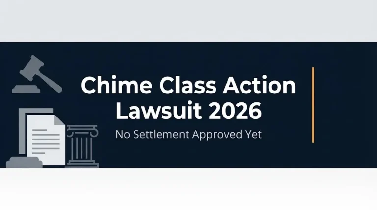 Chime class action lawsuit 2026 status banner showing no settlement approved yet and legal document imagery.