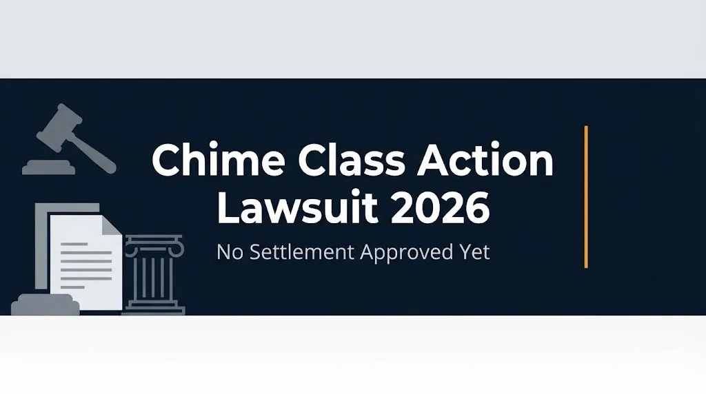 Chime class action lawsuit 2026 status banner showing no settlement approved yet and legal document imagery.