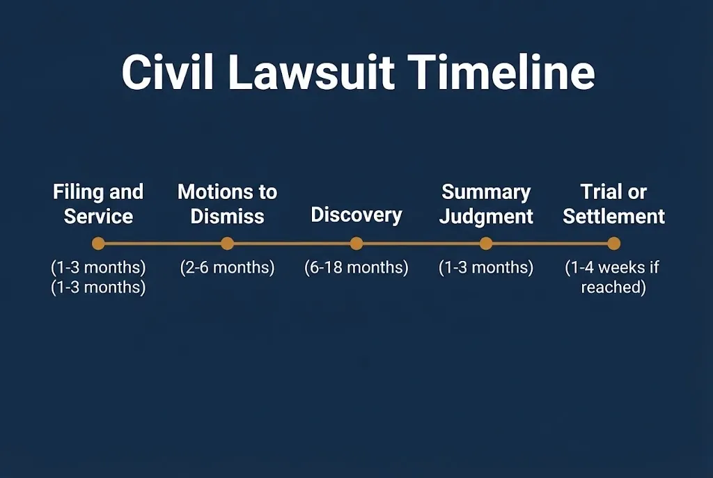 Civil lawsuit timeline graphic showing stages from filing to trial or settlement in 2026.