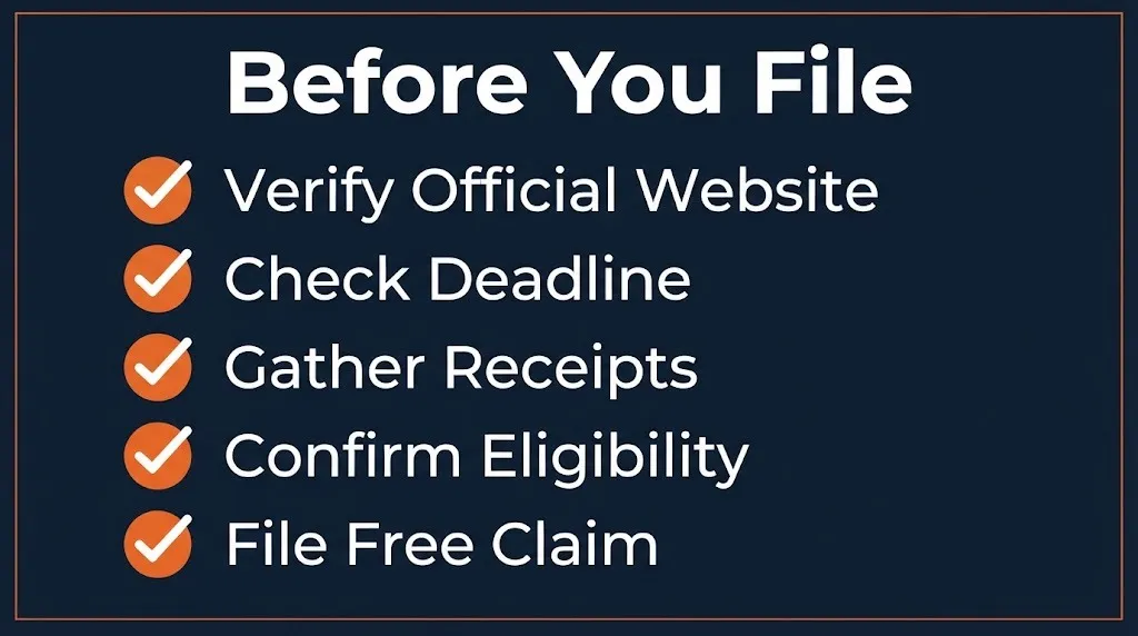 Class action claim filing checklist showing verification, deadline, receipts, and eligibility steps.