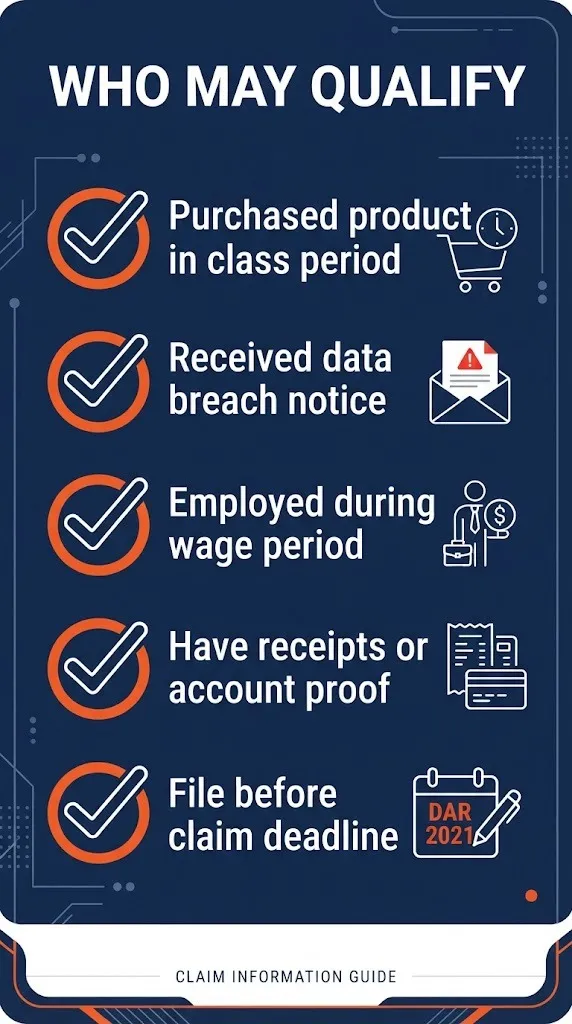 Class action eligibility checklist showing five qualification criteria