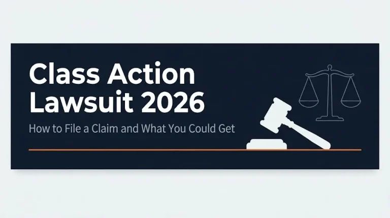 Class action lawsuit 2026 banner showing headline and filing steps
